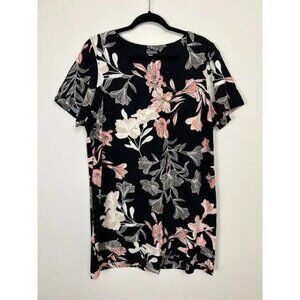 Nicole Miller Dress Women XL Black Floral Short Sleeve V-Neck Linen Blend Floral